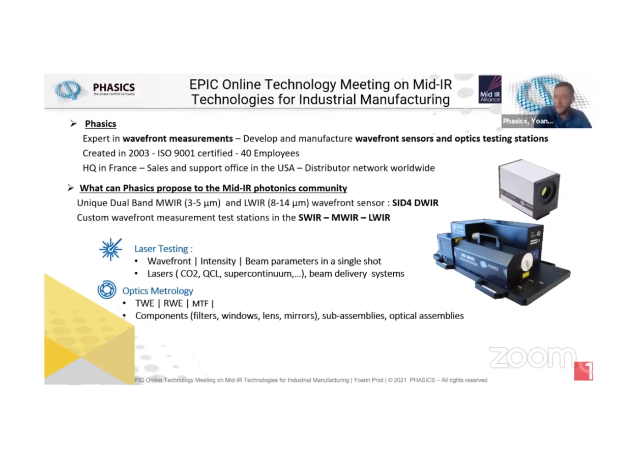 Screenshot of  Phasics presentation during EPIC Online Technology Meeting on Mid-IR Technologies for Industrial Manufacturing. It shows Phasics wavefront measurement solutions for the Mid-IRphotonics community.