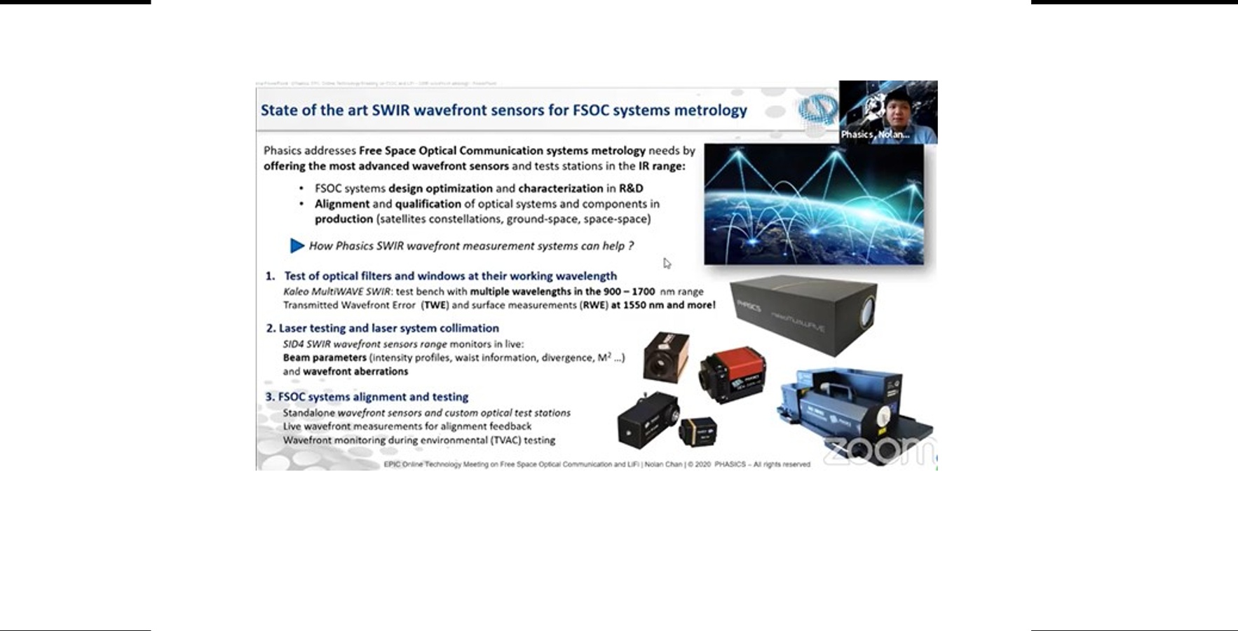 Nolan presenting Phasics wavefront sensing solutions for free space optical communication system metrology