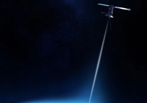 free space optical communications - satellite with a beam light pointing towards earth