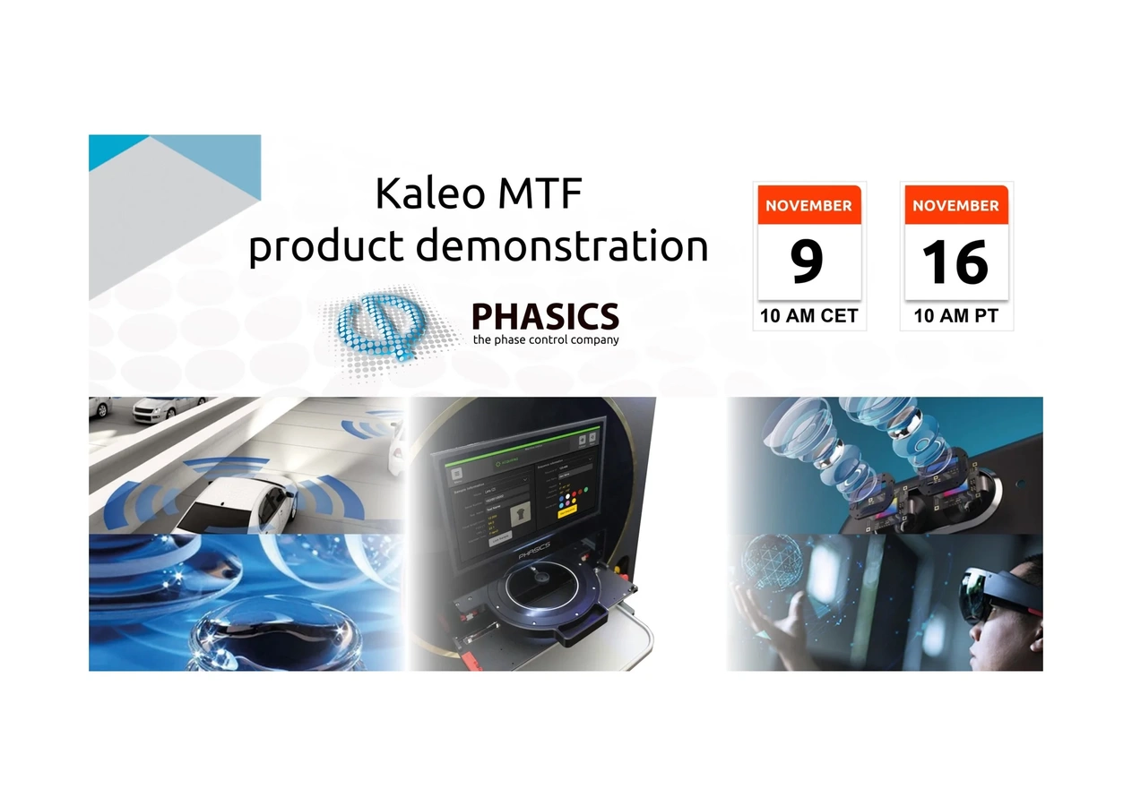 Announcement of 2 product demonstrations of Kaleo MTF for November 9 at 10 AM CET and November 16 at 10 AM PT. Markets image: smartphone, AR/VR, autonomous cars