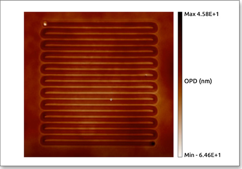 Optical Path Difference OPD map of a laser inscribed optical waveguide measured with QWSLI (SID4-HR wavefront sensor)